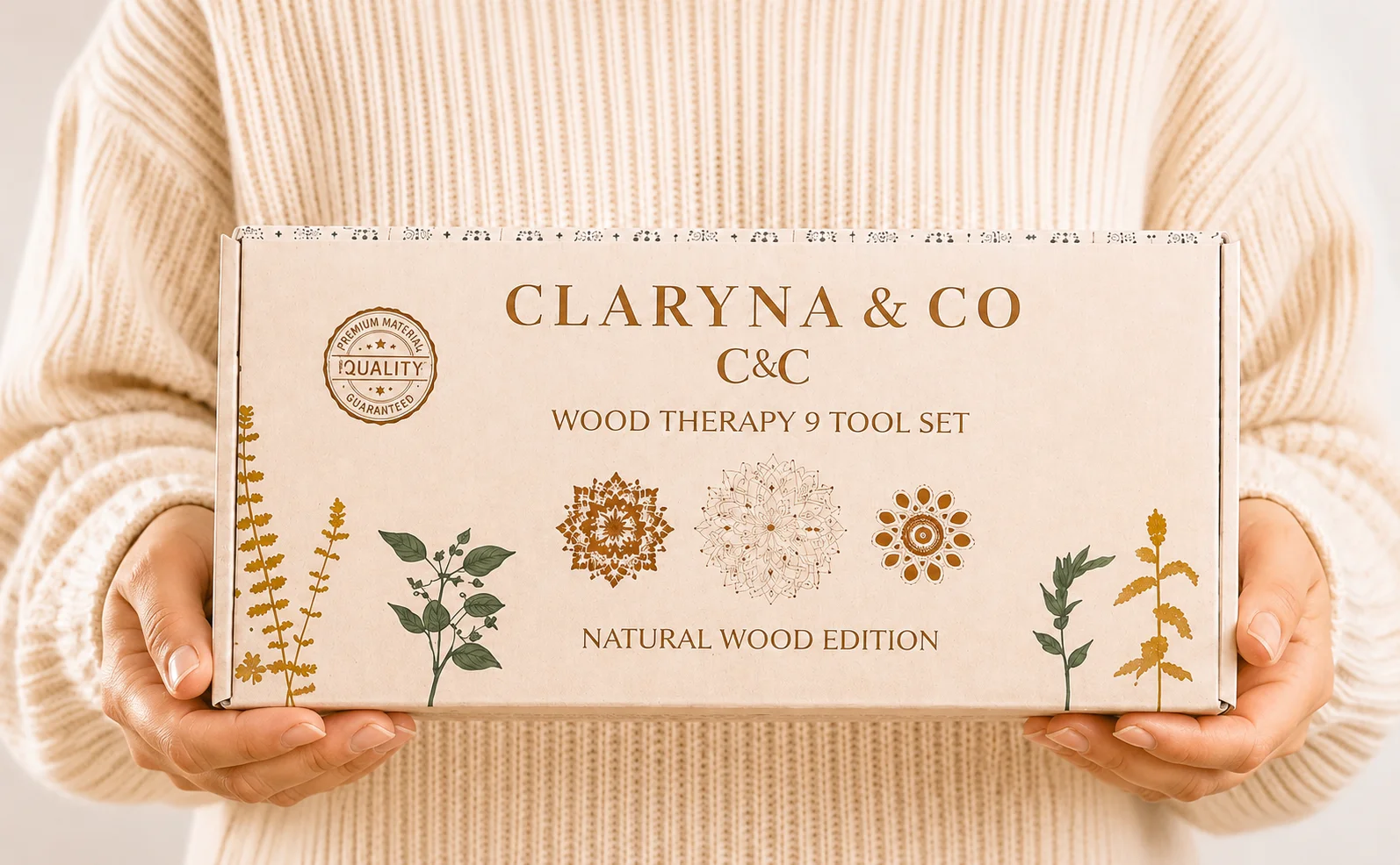 Claryna & Co wood therapy kit box held in two hands